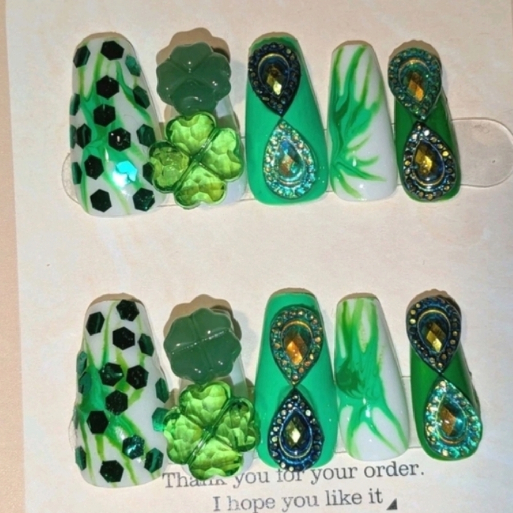 Hand Crafted Green and Black Press-On Nails